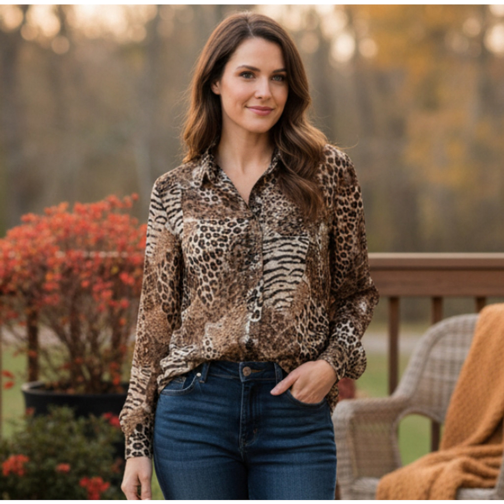 EXPOSE Vintage Animal Print button down blouse Shirt Top lurex Sz L